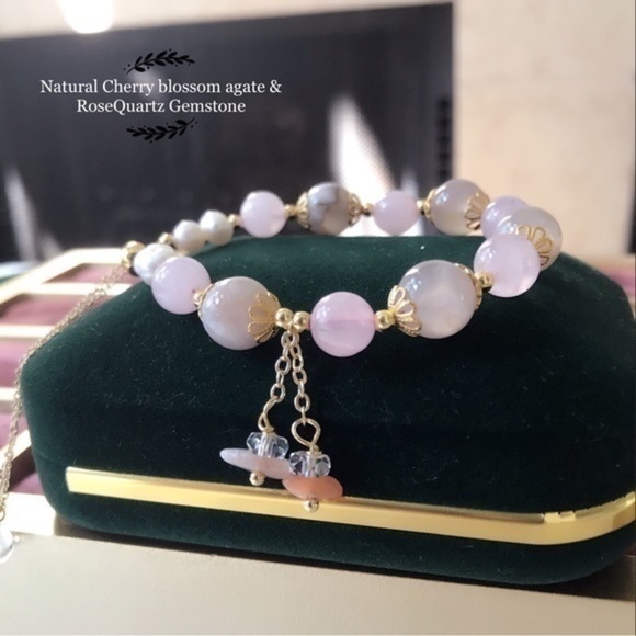 - - - Natural Cherry blossom agate & RoseQuartz Gemstone bracelet - Picture 3 of 12